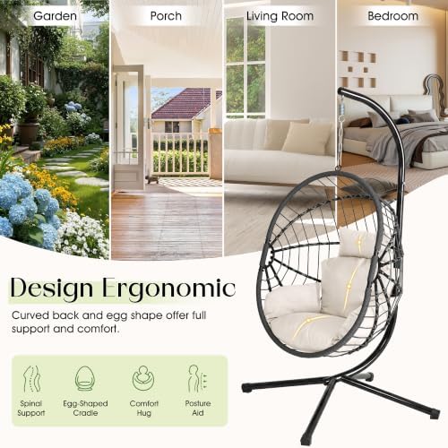 LEX CRAFT Hanging Egg Chair with Stand, Swinging Egg Chair Outdoor Indoor, Hanging Basket Chair with Cushion, Patio Wicker Hammock Chair 350lbs Capacity (Gery-Beige)