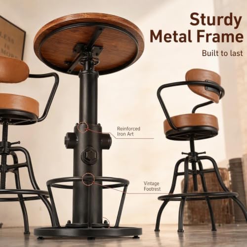 LOKKHAN Industrial Bar Table 38.6"-48.4" Height Adjustable Swivel Round Wood Tabletop 23.7" Dia, Kitchen Dining Office Coffee Bistro Pub Table