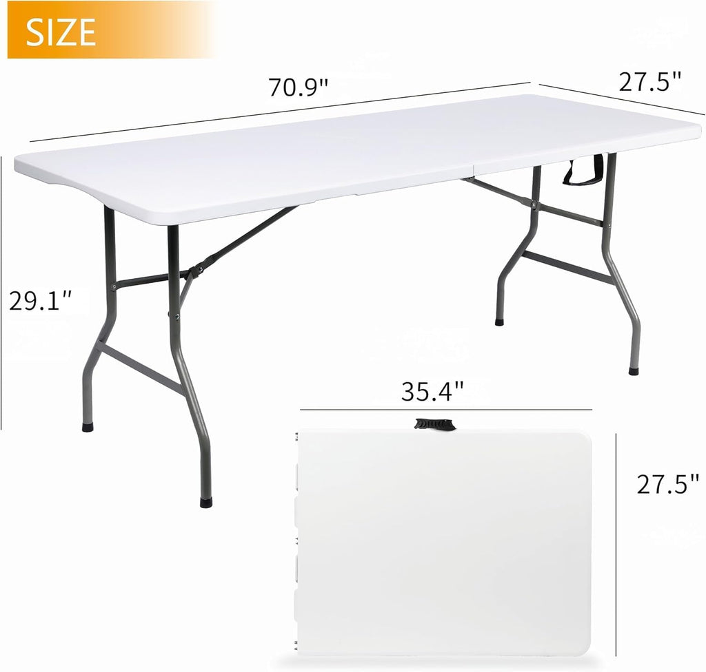 Folding Table 6ft Foldable Table with Built in Handle & Steel Legs / 6FT Heavy Duty Folding Portable,Perfect for Party, Dining Indoor/Outdoor Events, Tailgating & Backyard BBQ,White