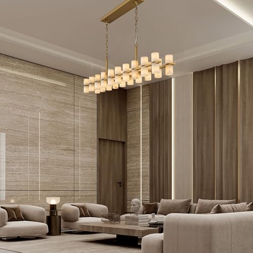 Alabaster Rectangular Chandelier for Dining Room, L54in Modern Chandeliers, Adjustable Marble Pendant Light Fixture, Rectangle Chandelier for Dining Table Living Room Kitchen Island(Brass)
