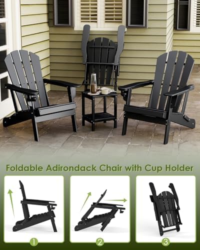 GREENVINES Folding Adirondack Chairs Set of 2 w/Cup Holder, HDPE, Black