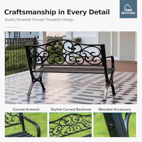 MFSTUDIO 50 Inches Outdoor Garden Bench Cast Iron Metal Frame, Floral Black