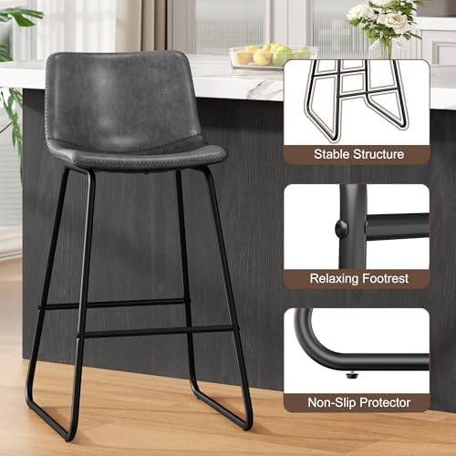 REONEY Bar Stools Set of 2, 26" Urban Faux Leather Counter Stools, Grey