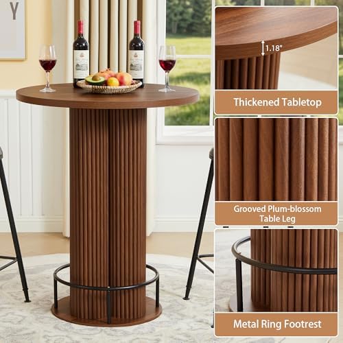 Round Bar Table 39.37" H Wood Fluted Bistro Pub Table (Walnut)