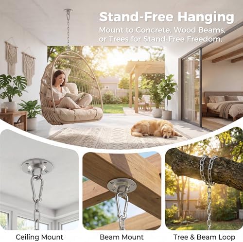 Nicesoul Outdoor Hanging Egg Chair Without Stand, Patio Wicker Swing Egg Basket Chairs with Padded Cushion, 350 Lbs Comfy Cozy Ceiling Tree Swinging Egg-Shaped Chair No Stand for Indoor Balcony, Beige