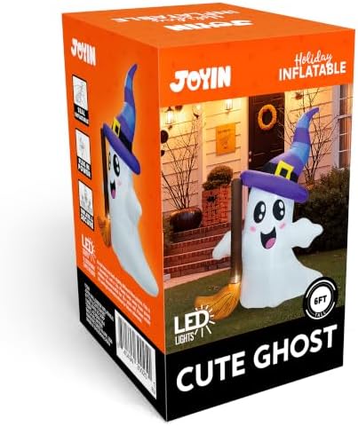 JOYIN Halloween Inflatables Ghost Outdoor Decorations, Cute Blow Up Ghost Holding Broom with LED, Blow Up Yard Decorations for Halloween Outdoor Yard Garden Lawn Party Decor