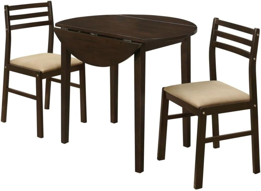 CARTESIAN 3-Piece Round Drop Leaf Dining Set, Cappuccino Table with Ladder Back Chairs, Cream Upholstery