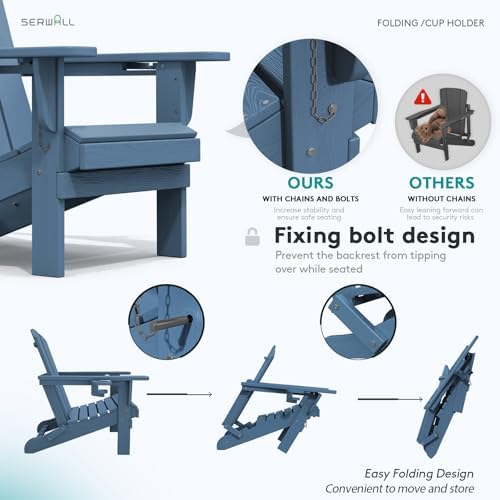 SERWALL Outdoor Adirondack Chair Set of 2 with 2 Cup Holders,Foldable,Blue