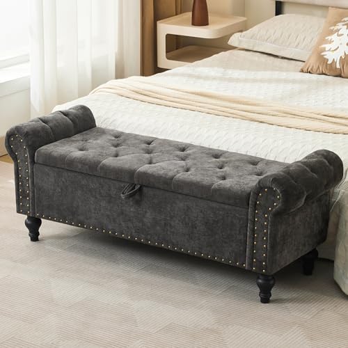 51" Storage Bench for Bedroom, Upholstered Ottoman Bench, Chenille DarkGray