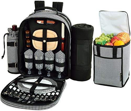 Picnic at Ascot Original Equipped Backpack for 4 with Blanket - Extra Bonus Cooler - Designed & Assembled in California - Houndstooth