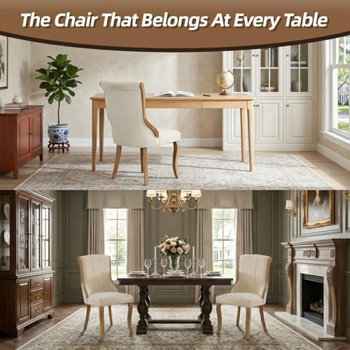 Wooden Dining Chairs Set of 6, Mid Century Modern Upholstered Kitchen & Dining Room Chairs with Solid Wood Legs, Snow Velvet Fluffy Fabric Chairs for Dining Room (Beige, Set of 6)