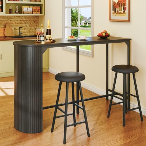 Fluted Bar Table and Chairs Set, 55'' Long Bar Tables with 2 Stools, 3 Piece Counter Height Dining Table for 2, Space Saving Kitchen Table for Bar, Dining Room, Kitchen, Breakfast Nook Corner, Black
