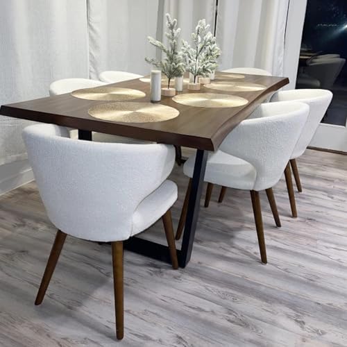 HNY Mid Century Modern Sherpa Boucle Dining Chairs Set of 6, Upholstered Curved Wingback Accent Arm Chairs Side Chairs with Solid Wood Legs, White