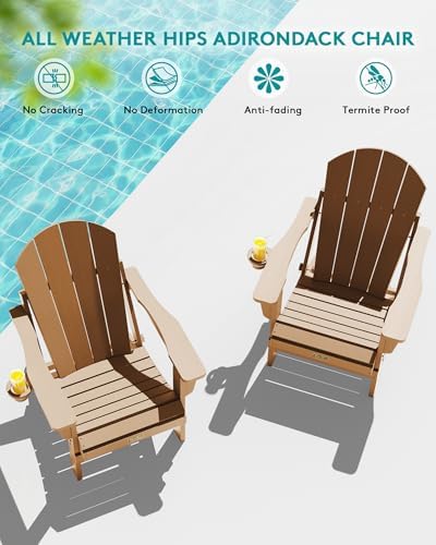 SERWALL Folding Adirondack Chair Set of 4 Patio Chair with Cup Holder-Brown