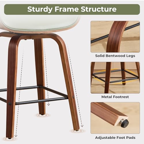 Swivel Bar Stools Set of 2,24" Upholstered Faux Leather Barstools,Mid Century Modern Counter Height Barstools with Walnut Bentwood Back & Legs,Bar Chairs for Kitchen Island Counter Bar Green