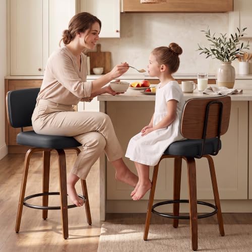 Counter Height Bar Stools Set of 2, 26+inch Swivel Faux Leather Barstool with Back, Upholstered Mid-Century Modern Bar Chairs with Bent Wood Legs for Kitchen Counter, Dining Room