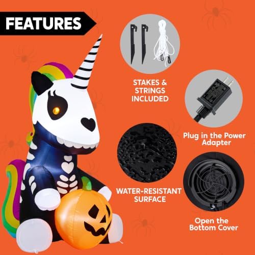 Joiedomi 5 FT Halloween Inflatable Sitting Skeleton Unicorn with LED Lights, Blow Up Outdoor Decoration for Yard, Garden, Lawn, Haunted House Halloween Party Outside Decor