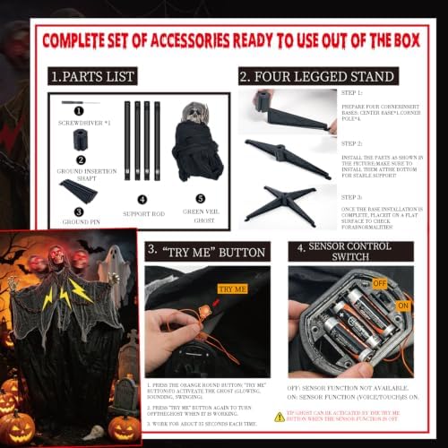 Halloween Skeleton With LED Red Glowing Eyes, Sound & Touch Activated Mot...