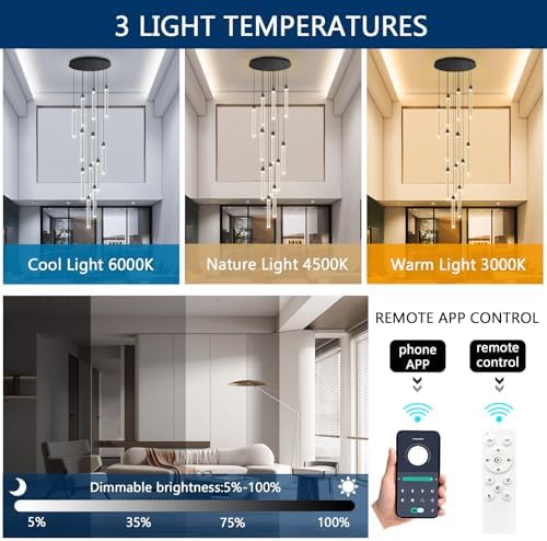 12-Lights Modern Chandeliers for Entryway High Ceiling Chandelier LED Dimmable Long Lights Fixture Pendants Lighting Crystal Chandeliers for Hallway Foyer Living Room Black Finished Lighting