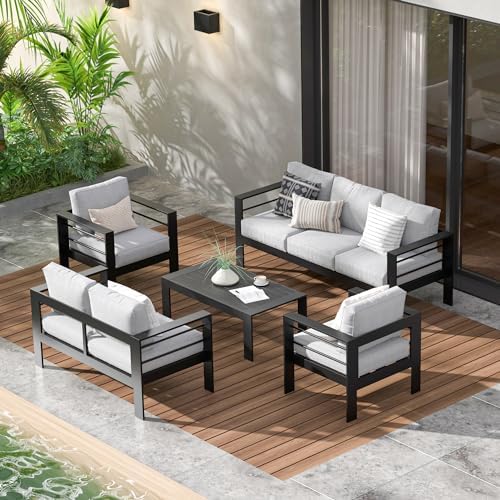 Wisteria Lane Aluminum Patio Furniture Set for All Weather, Oversized Metal Outdoor Furniture Set with 27.5" Deep Seat and Thick Back Cushion, Patio Conversation Sets with Wide armrest, Light Gray