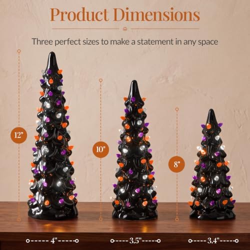 Best Choice Products 3Pc Ceramic Halloween Trees, Pre-Lit Hand Painted Pencil Holiday Tabletop Trees w/Orange Purple & White LED Lights