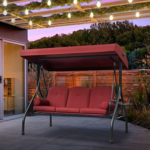 NOBLEMOOD 3-Seat Patio Porch Swing with Adjustable Canopy & Side Trays
