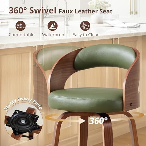 Swivel Bar Stools Set of 2,26" Faux Leather Upholstered Counter Height Barstools with Back,Mid-Century Modern Bar Chairs with Bentwood Legs and Footrest for Kitchen Island Bar Counter Green