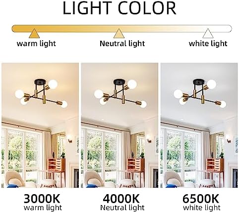 Garwarm Black and Gold Sputnik Chandelier, 4-Light Semi Flush Ceiling Light