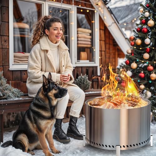HGD 28" Smokeless Fire Pit with Stand & Grill Rack, Large Stainless Steel Wood Burning Firepit with Secondary Combustion, Backyard Patio Stove for Outdoor, Garden, BBQ & Bonfire (Silver)