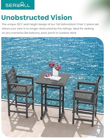 SERWALL 2-Pieces Tall Adirondack Chairs, HDPE Balcony Barstools Set, Grey