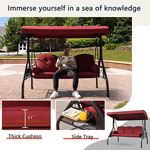 NOBLEMOOD 3-Seat Patio Porch Swing with Adjustable Canopy & Side Trays