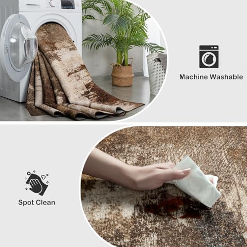 Kelarea Washable Area Rug 9x12, Non-Slip Low Pile Abstract Brown