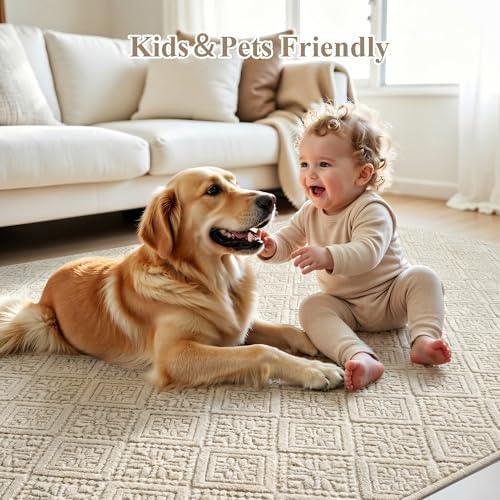 U'Artlines 8x10 Beige Washable Area Rug for Living Room