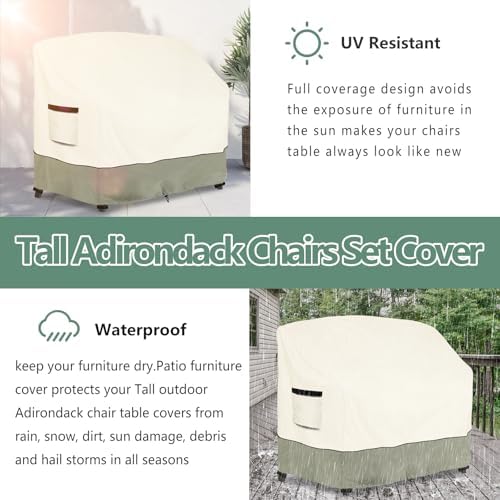 Tall Adirondack Chairs Set Cover for Poly Balcony Chair with Connecting Tray Patio Stools,100% Waterproof Heavy Duty Tall Outdoor Adirondack Chair Table Covers, Beige
