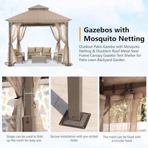 ABCCANOPY Outdoor Patio Gazebo 9x9 with Mosquito Netting, Khaki