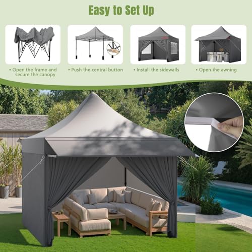 10x10 Heavy Duty Pop Up Canopy Tent with Awning and Sidewalls, Grey