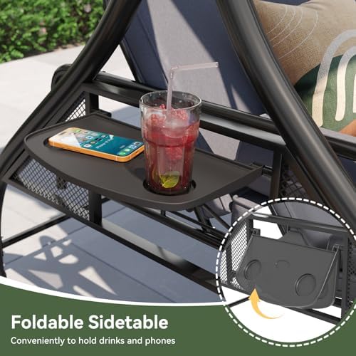 Aoxun Outdoor Porch Swing with Stand and Canopy, 3 Seats Outdoor Swings for Adults, Convertible 2 in 1 Swing Bed with Cup Holder, Patio Swings with Thicken Cushions for Garden, Yard & Balcony, Grey