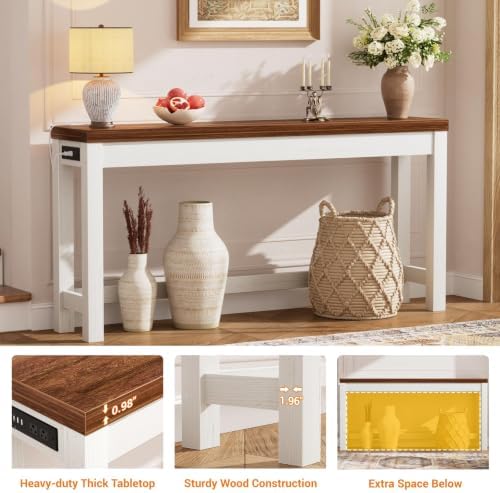 Cyclysio 63" Console Table with 2 AC Outlets & 3 USB Ports, Rustic Oak