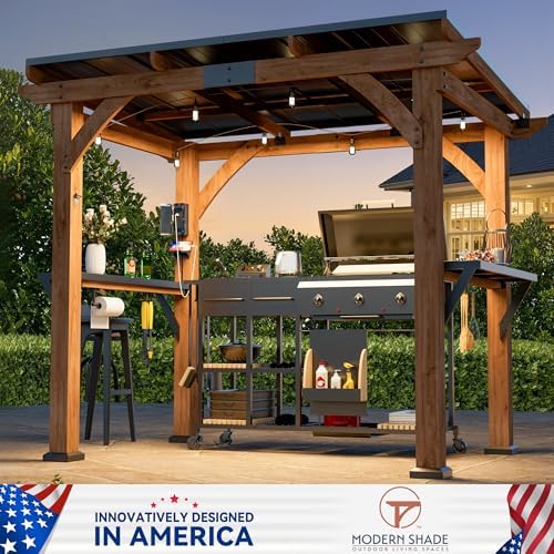 Modern Shade Wood Grill Gazebo 6x8 with USB Charging Power Strip & Shelves
