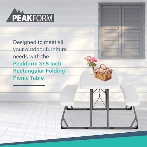 Peakform 37.8 Inch Rectangular Folding Picnic Table, Multipurpose Indoor Outdoor Durable Furniture with Double Bench Seating, White/Black