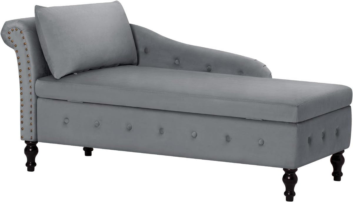 Velvet Chaise Lounge w/Left Armrest & Storage Space, Grey