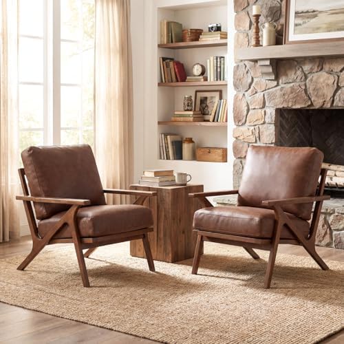 chairus Mid-Century Modern Brown Faux Leather Accent Chair, Comfy Upholstered Lounge Armchair with Removable Cushions & Solid Wood Frame, Retro Fabric Reading Chair for Living Room Bedroom Office