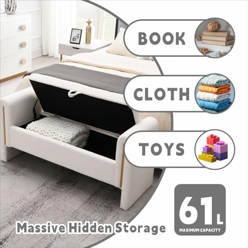 52" Upholstered Storage Bench, White, Armrests, Wood Frame