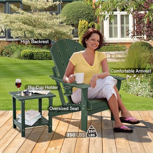 nalone Folding Adirondack Chairs Set of 2 with Cushion with Cup Holder, HDPE Plastic Oversized Patio Chair Weather Resistant, Used in Outdoor, Fire Pit, Deck, Garden, Campfire Chairs (Green)
