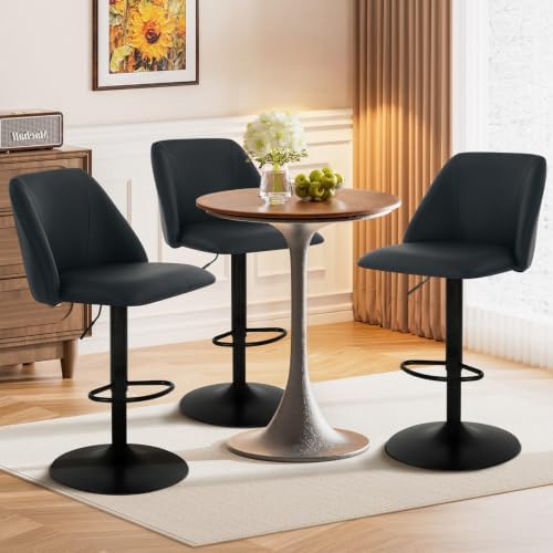 COLAMY Bar Stools Set of 4, Modern Swivel Bar Chairs, Adjustable PU Leather Upholstered Barstools Counter Height with Full Backrest for Bar, Dining Room, Kitchen Island, Black