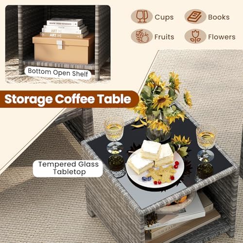 KOTEK 3 Piece Patio Furniture Set, Outdoor Wicker Patio Chairs with Cushions & Storage Table, PE Rattan Bistro Set for Porch, Backyard, Balcony (Black)