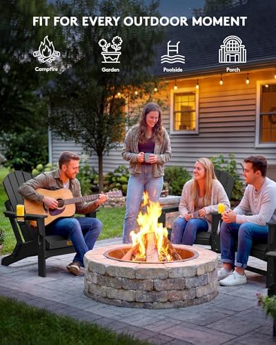 SERWALL Folding Adirondack Chair with Cup Holder Set of 2, Fire Pit - Black