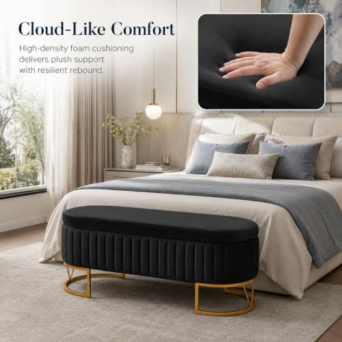 Velvet Storage Bench for Queen Size Bed, 46'' Black Oval Ottoman, Gold Legs