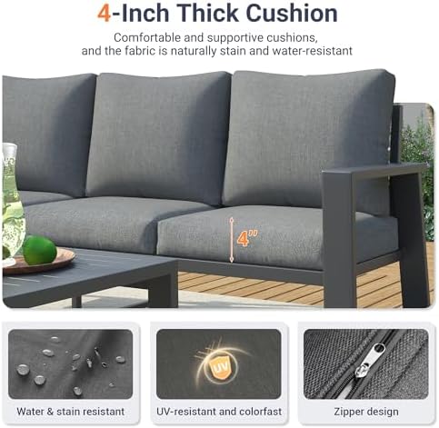 UDPATIO Aluminum Outdoor Patio Furniture Set 5 Pieces Metal Conversation Sets 7 Seat Sectional Sofa Modern Seating Set with Coffee Table for Outdoor Garden Backyard, Dark Grey