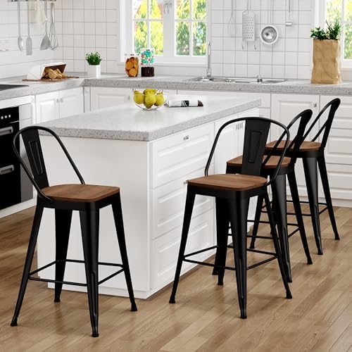 Metal Bar Stools Set of 4, 30" Black Bar Height Stools with Back